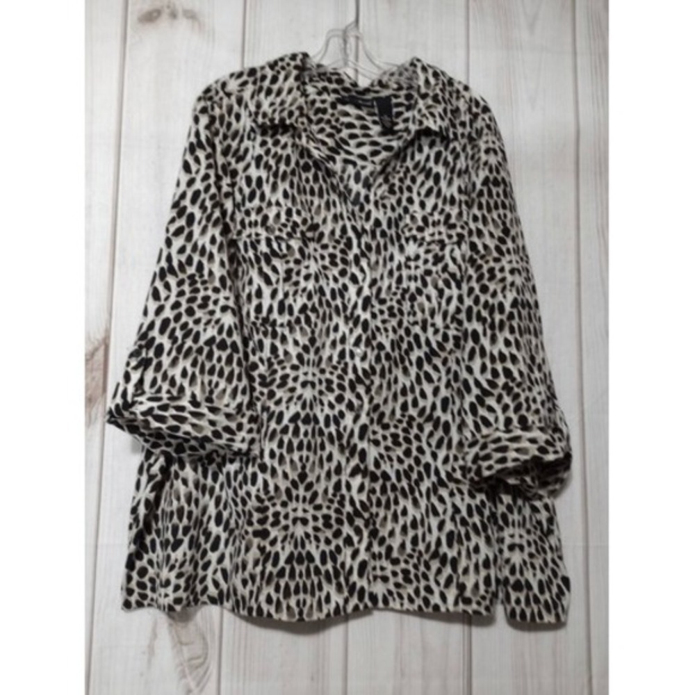 Maggie Barnes Womens 3X Leopard Animal Print Roll Tab Sleeve Button Down Blouse